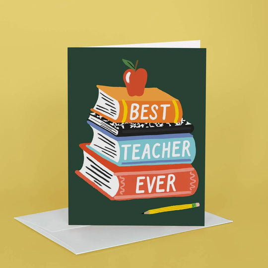 Greeting card with books and an apple on a green background, on a yellow background