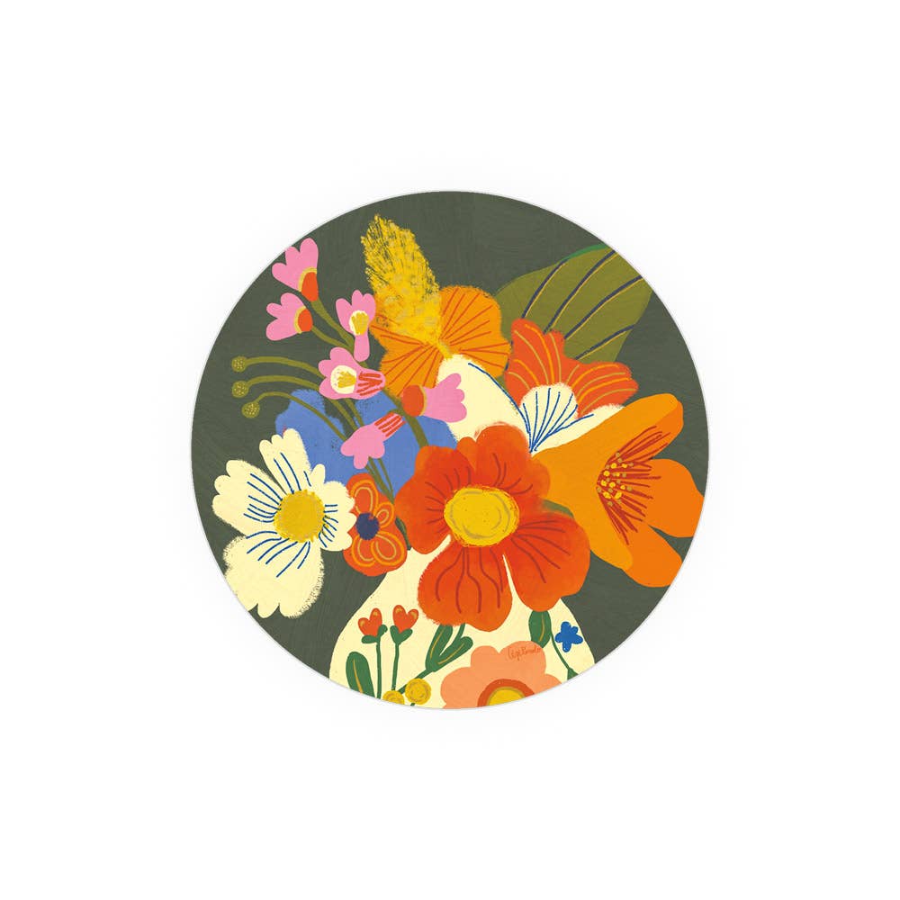 Circular design with colorful flowers on a dark green background