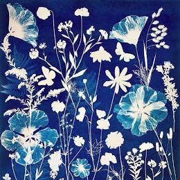 White floral and butterfly pattern on a blue background