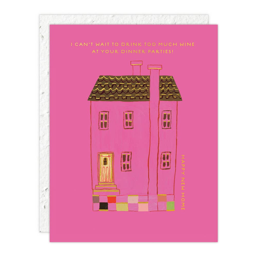 Greeting card with pink house illustration and humorous text on a white background