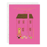 Greeting card with pink house illustration and humorous text on a white background