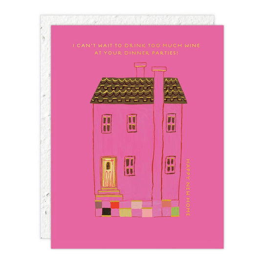 Greeting card with pink house illustration and humorous text on a white background
