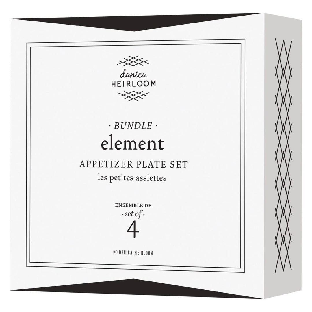 White box packaging for danica Heirloom appetizer plate set with black text and geometric patterns.
