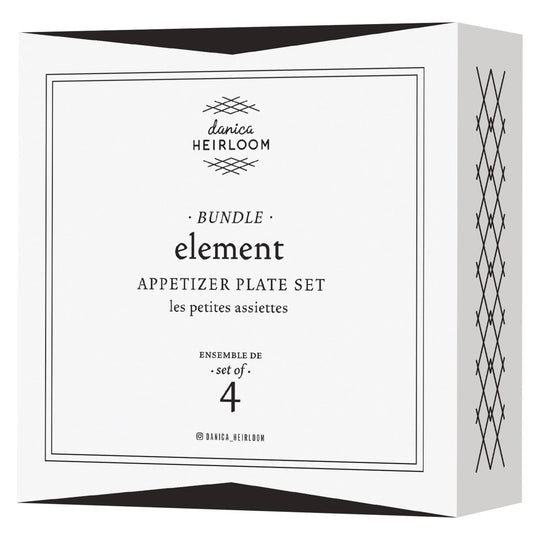 White box packaging for danica Heirloom appetizer plate set with black text and geometric patterns.