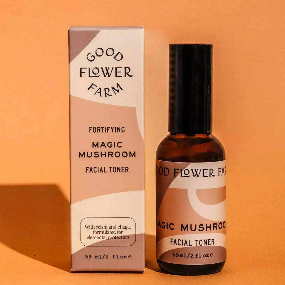 Good Flower Farm Magic Mushroom Facial Toner bottle and packaging on an orange background
