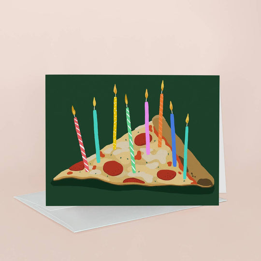 Birthday card with a pizza slice and lit candles on a green background
