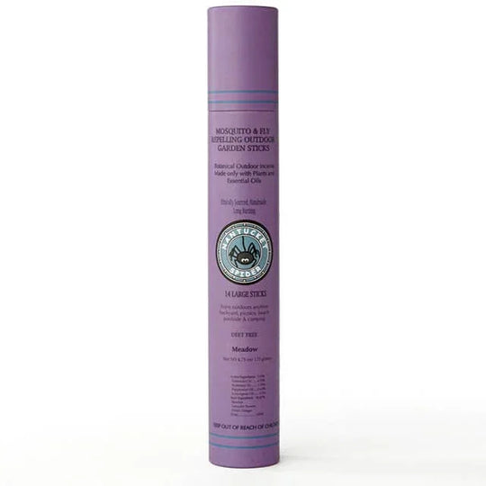 Purple tube of mosquito and fly repelling outdoor garden sticks, DEET-free, meadow scent