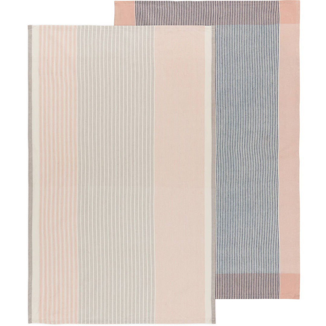 Set of two striped towels in pink and gray on a white background