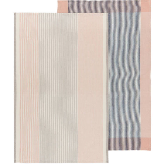 Set of two striped towels in pink and gray on a white background