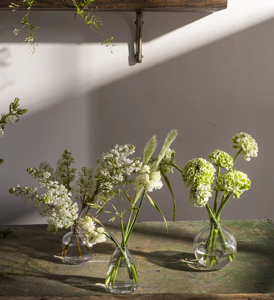 Elegant white and green floral arrangements in glass vases on rustic table, perfect for home decor