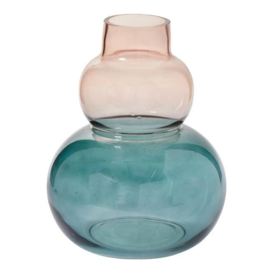 Two-toned glass vase with pink and teal hues, ideal for floral arrangements