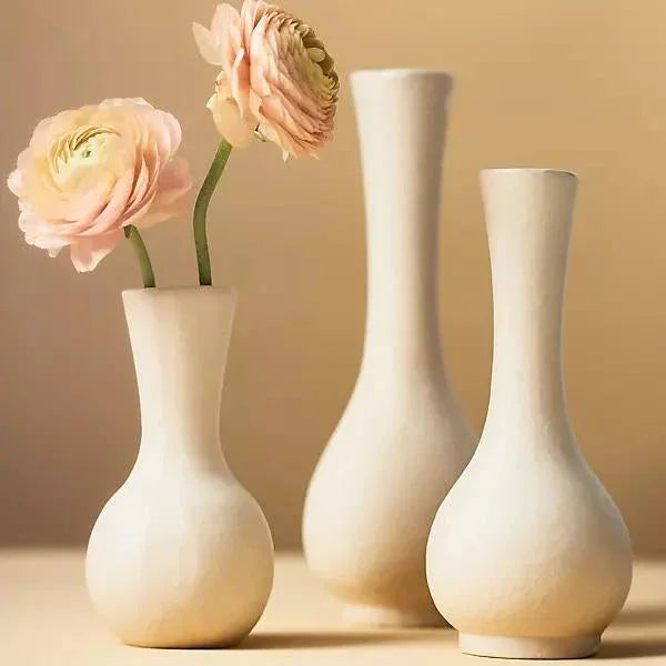 Elegant white vases with soft pink ranunculus blooms, perfect for fresh floral arrangements.