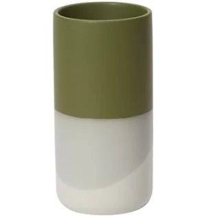Tumbler with green top and white bottom on a white background