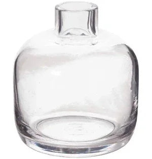 Clear glass vase with rounded body and narrow neck, ideal for floral arrangements