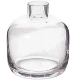 Clear glass vase with rounded body and narrow neck, ideal for floral arrangements